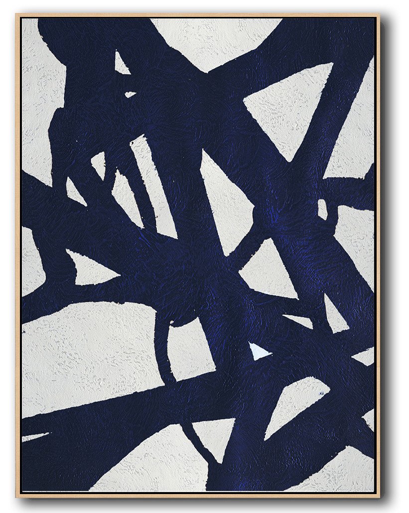 Buy Hand Painted Navy Blue Abstract Painting Online - Black White Yellow Abstract Art Huge